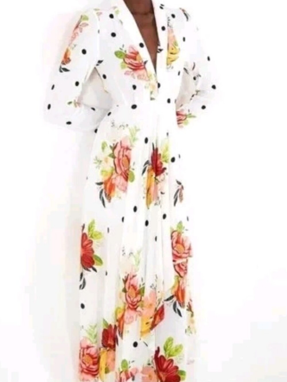 Farm Rio Nanaju White & Black Polka Dot Floral Bananas Long Sleeve Dress, XS